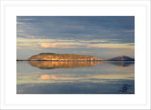 Load image into Gallery viewer, Ocean Photography Wall Art Print taken across a perfectly flat and still &quot;Shoal Bay&quot;near Albany in Southern Western Australia. Fine Art Print with White Frame.
