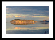 Load image into Gallery viewer, Ocean Photography Wall Art Print taken across a perfectly flat and still &quot;Shoal Bay&quot;near Albany in Southern Western Australia. Fine Art Print with Black Frame. 
