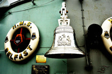 Load image into Gallery viewer, Naval Wall Art, iconic bell and life ring, HMS Belfast, Royal Navy surface combatant, World War II, Thames River, London, Framed Prints, Canvas, Acrylic 
