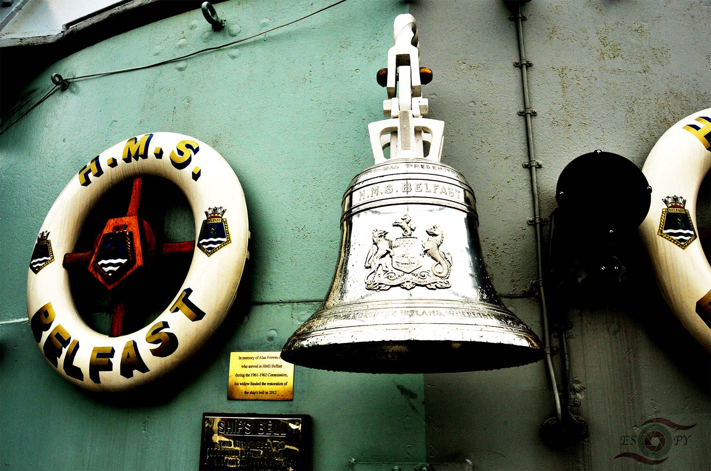 Naval Wall Art, iconic bell and life ring, HMS Belfast, Royal Navy surface combatant, World War II, Thames River, London, Framed Prints, Canvas, Acrylic 