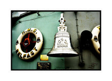 Load image into Gallery viewer, Naval Wall Art, iconic bell and life ring, HMS Belfast, Royal Navy surface combatant, World War II, Thames River, London, Framed Prints, Canvas, Acrylic 
