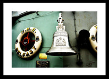 Load image into Gallery viewer, Naval Wall Art, iconic bell and life ring, HMS Belfast, Royal Navy surface combatant, World War II, Thames River, London, Framed Prints, Canvas, Acrylic 
