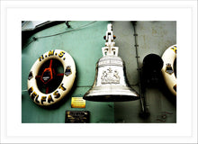 Load image into Gallery viewer, Naval Wall Art, iconic bell and life ring, HMS Belfast, Royal Navy surface combatant, World War II, Thames River, London, Framed Prints, Canvas, Acrylic 
