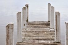 Load image into Gallery viewer, Jetty Photography Wall Art Print of the wooden jetty at Wilson&#39;s Inlet at Pelican Bay, Denmark, Western Australia on a still, grey overcast day. Unframed Print.
