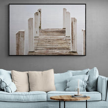 Load image into Gallery viewer, Jetty Photography Wall Art Print of the wooden jetty at Wilson&#39;s Inlet at Pelican Bay, Denmark, Western Australia on a still, grey overcast day. Canvas Print with Black Frame.
