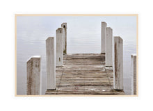 Load image into Gallery viewer, Jetty Photography Wall Art Print of the wooden jetty at Wilson&#39;s Inlet at Pelican Bay, Denmark, Western Australia on a still, grey overcast day. Canvas Print with Wood Frame.
