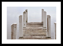 Load image into Gallery viewer, Jetty Photography Wall Art Print of the wooden jetty at Wilson&#39;s Inlet at Pelican Bay, Denmark, Western Australia on a still, grey overcast day. Fine Art Print with Black Frame.
