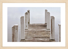 Load image into Gallery viewer, Jetty Photography Wall Art Print of the wooden jetty at Wilson&#39;s Inlet at Pelican Bay, Denmark, Western Australia on a still, grey overcast day. Fine Art Print with Wood Frame.
