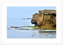 Load image into Gallery viewer, Ocean Photography Wall Art Print of the dramatic and rugged ocean cliffs at Innes Headland, captured in the Innes National Park, South Australia on a grey rainy day. Fine Art Print with White Frame.
