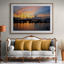 Load image into Gallery viewer, Yacht Wall Art, glowing orange sky at sunset, reflecting in the calm marina, Langkawi Yacht Club, Kuah, Malaysia, Framed Prints, Canvas, Acrylic
