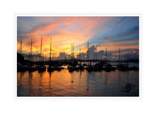 Load image into Gallery viewer, Yacht Wall Art, glowing orange sky at sunset, reflecting in the calm marina, Langkawi Yacht Club, Kuah, Malaysia, Framed Prints, Canvas, Acrylic
