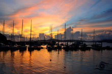 Load image into Gallery viewer, Yacht Wall Art, glowing orange sky at sunset, reflecting in the calm marina, Langkawi Yacht Club, Kuah, Malaysia, Framed Prints, Canvas, Acrylic
