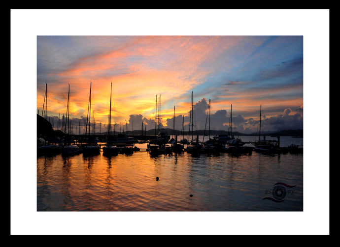 Yacht Wall Art, glowing orange sky at sunset, reflecting in the calm marina, Langkawi Yacht Club, Kuah, Malaysia, Framed Prints, Canvas, Acrylic