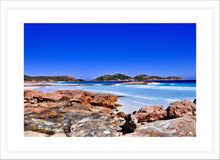 Load image into Gallery viewer, Ocean Photography Wall Art Print of the white beach and crystal clear turquoise waters of Lucky Bay near Esperance Western Australia. Fine Art Print with White Frame.
