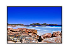 Load image into Gallery viewer, Ocean Photography Wall Art Print of the white beach and crystal clear turquoise waters of Lucky Bay near Esperance Western Australia. Canvas Print with Black Frame.
