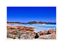 Load image into Gallery viewer, Ocean Photography Wall Art Print of the white beach and crystal clear turquoise waters of Lucky Bay near Esperance Western Australia. Canvas Print with White Frame.
