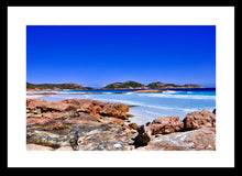 Load image into Gallery viewer, Ocean Photography Wall Art Print of the white beach and crystal clear turquoise waters of Lucky Bay near Esperance Western Australia. Fine Art Print with Black Frame.
