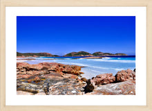 Load image into Gallery viewer, Ocean Photography Wall Art Print of the white beach and crystal clear turquoise waters of Lucky Bay near Esperance Western Australia. Fine Art Print with Wood Frame.
