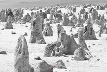 Load image into Gallery viewer, Black and White Landscape Wall Art, &quot;moon scape looking&quot; limestone formations, Pinnacles, Western Australia, Framed Prints, Canvas, Acrylic
