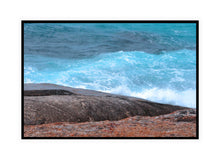 Load image into Gallery viewer, Ocean Photography Wall Art Print of the hypnotic blues of the ocean contrasting with wave drenched rocks, taken at Madfish Bay, Denmark, Western Australia. Canvas Print with Black Frame.
