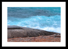 Load image into Gallery viewer, Ocean Photography Wall Art Print of the hypnotic blues of the ocean contrasting with wave drenched rocks, taken at Madfish Bay, Denmark, Western Australia. Fine Art Print with Black Frame. 
