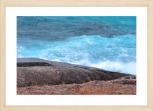 Load image into Gallery viewer, Ocean Photography Wall Art Print of the hypnotic blues of the ocean contrasting with wave drenched rocks, taken at Madfish Bay, Denmark, Western Australia. Fine Art Print with Wood Frame.
