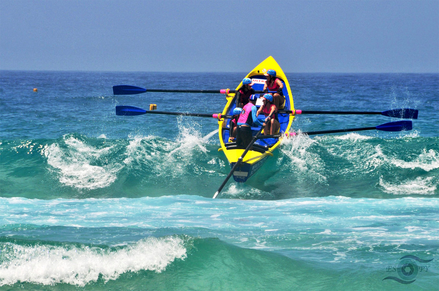 Surf Life Saving Australia Wall Art, yellow and blue surf boat competition, roller coaster wave, Framed Prints, Canvas, Acrylic