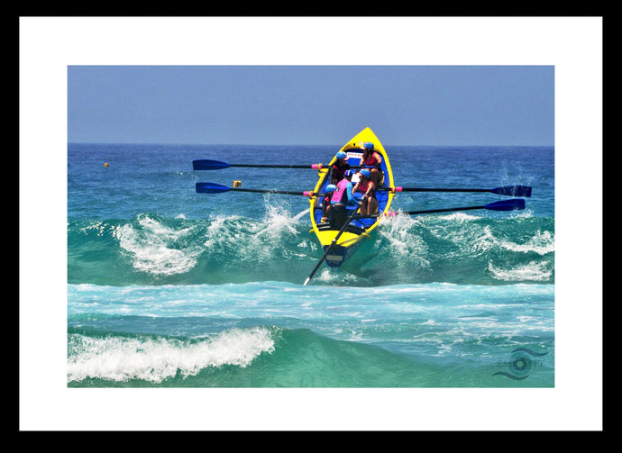 Surf Life Saving Australia Wall Art, yellow and blue surf boat competition, roller coaster wave, Framed Prints, Canvas, Acrylic