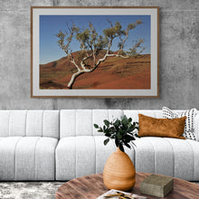 Load image into Gallery viewer, Gum Tree Wall Art, white-barked snappy gum tree, barren red dirt, base of Mount Bruce, Karijini National Park, Pilbara,  Western Australia, Framed Prints, Canvas, Acrylic
