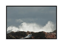 Load image into Gallery viewer, Ocean Photography Wall Art Print of the white spray of splashing waves contrasting dark rocks and grey sky, in the ferocious Southern Ocean off Denmark in South Western Australia. Canvas Print with Black Frame.
