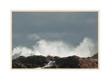 Load image into Gallery viewer, Ocean Photography Wall Art Print of the white spray of splashing waves contrasting dark rocks and grey sky, in the ferocious Southern Ocean off Denmark in South Western Australia. Canvas Print with Wood Frame.
