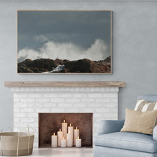 Load image into Gallery viewer, Ocean Photography Wall Art Print of the white spray of splashing waves contrasting dark rocks and grey sky, in the ferocious Southern Ocean off Denmark in South Western Australia. Canvas Print with Wood Frame.
