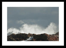 Load image into Gallery viewer, Ocean Photography Wall Art Print of the white spray of splashing waves contrasting dark rocks and grey sky, in the ferocious Southern Ocean off Denmark in South Western Australia. Fine Art Print with Black Frame. 
