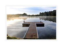 Load image into Gallery viewer, Jetty Photography Wall Art Print of a misty morning sun rise with beautiful reflections on the tranquil lake viewed from the T shaped, peaceful jetty. Canvas Print with White Frame.
