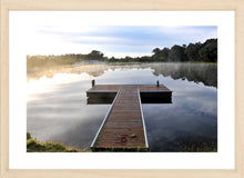 Load image into Gallery viewer, Jetty Photography Wall Art Print of a misty morning sun rise with beautiful reflections on the tranquil lake viewed from the T shaped, peaceful jetty. Fine Art Print with Wood Frame.
