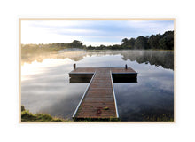 Load image into Gallery viewer, Jetty Photography Wall Art Print of a misty morning sun rise with beautiful reflections on the tranquil lake viewed from the T shaped, peaceful jetty. Canvas Print with Wood Frame.
