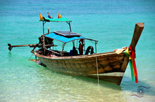 Load image into Gallery viewer, Long Thai Boat Wall Art, Thai long tail boat, colourful scarf, anchored on the calm shore, Framed Prints, Canvas, Acrylic 
