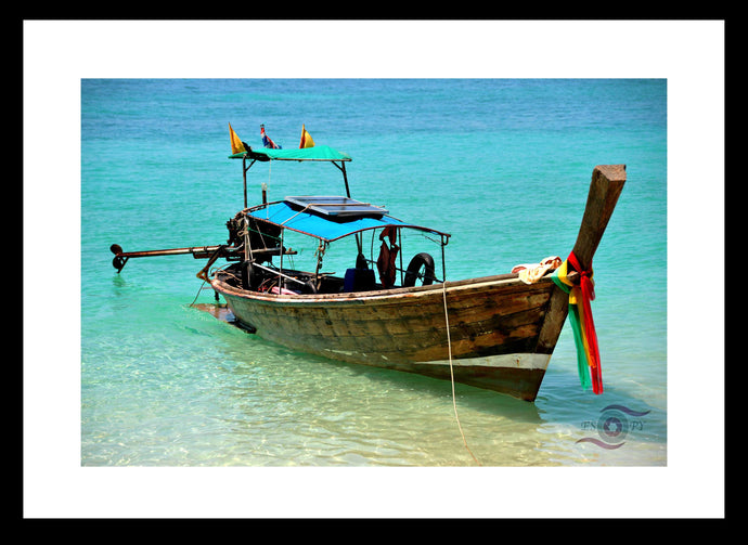 Long Thai Boat Wall Art, Thai long tail boat, colourful scarf, anchored on the calm shore, Framed Prints, Canvas, Acrylic 