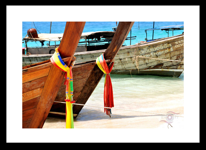 Long Thai Boat Wall Art, traditional colourful scarfs, Thai long tail anchored boats, Framed Prints, Canvas, Acrylic