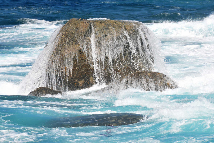 Ocean Photography Wall Art Print of a dreamy sea being its own master, plunging its waves over steadfast rocks, taken at Madfish Bay, Denmark, Western Australia. Unframed Print. 