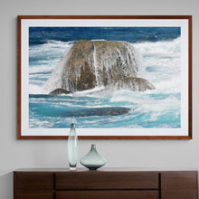 Load image into Gallery viewer, Ocean Photography Wall Art Print of a dreamy sea being its own master, plunging its waves over steadfast rocks, taken at Madfish Bay, Denmark, Western Australia. Fine Art Print with Wood Frame.
