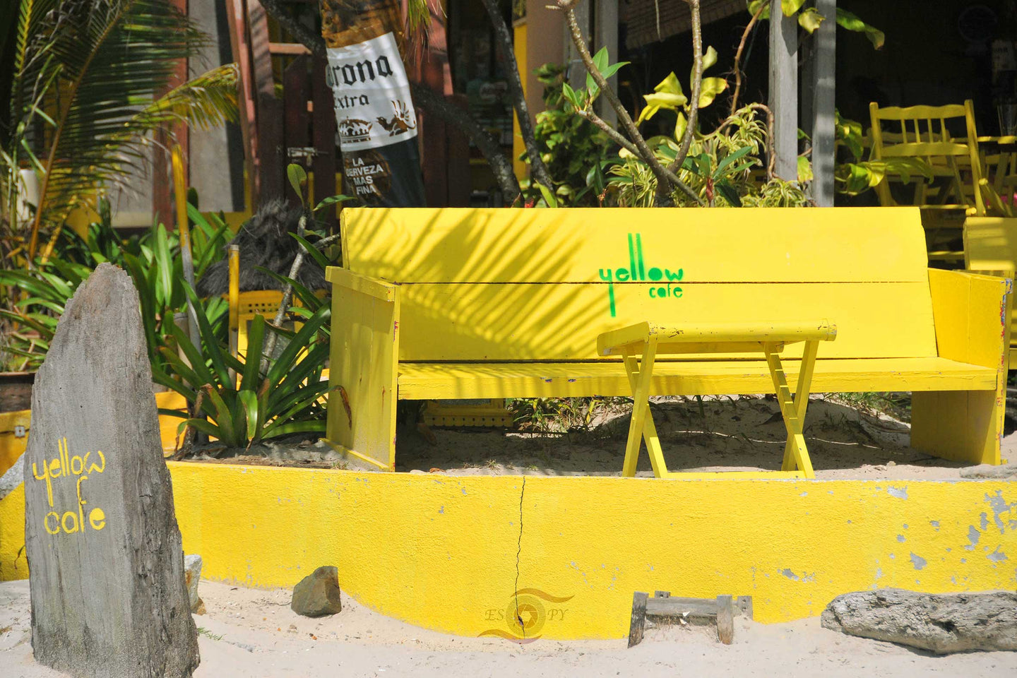 Beach Cafe Wall Art, Yellow Bar Cafe, palm trees, Langkawi Beach, Malaysia, Framed Prints, Canvas & Acrylic